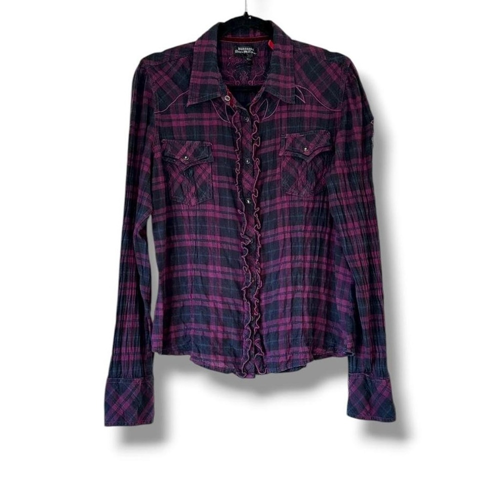 Parasuco 100% Cotton Embroidered Plaid Ruffle Snap Western Long Sleeve Shirt M
